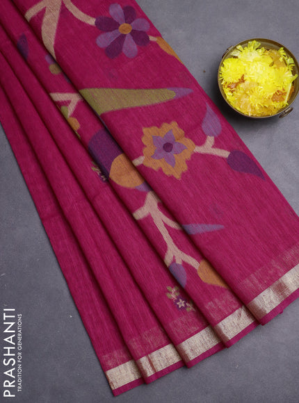 Jute saree pink with floral thread woven buttas and jamdhani pallu