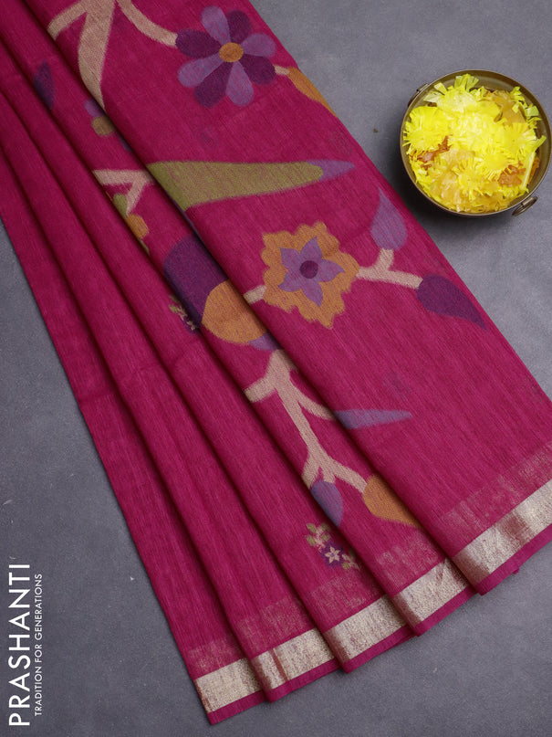 Jute saree pink with floral thread woven buttas and jamdhani pallu
