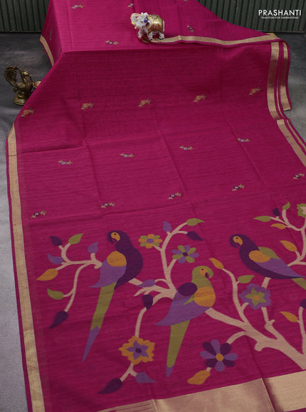 Jute saree pink with floral thread woven buttas and jamdhani pallu