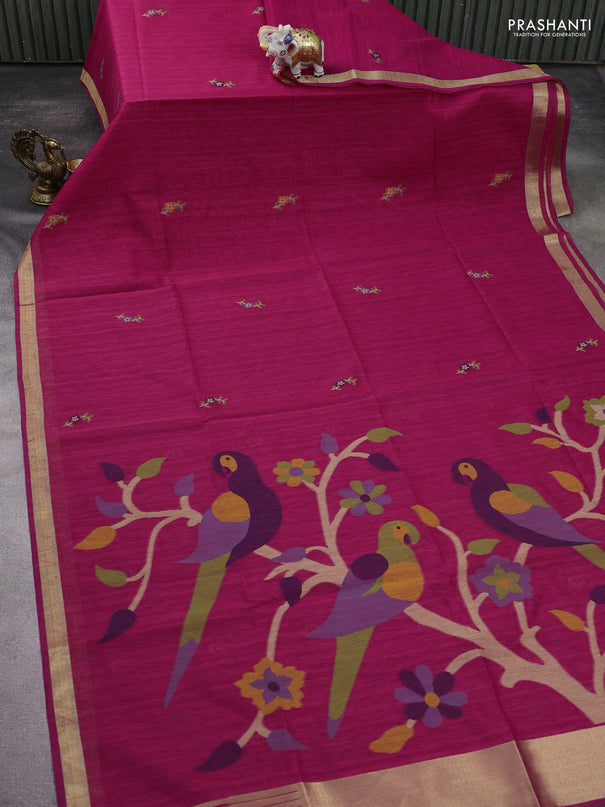 Jute saree pink with floral thread woven buttas and jamdhani pallu