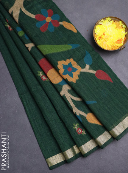 Jute saree dark green with floral thread woven buttas and jamdhani pallu