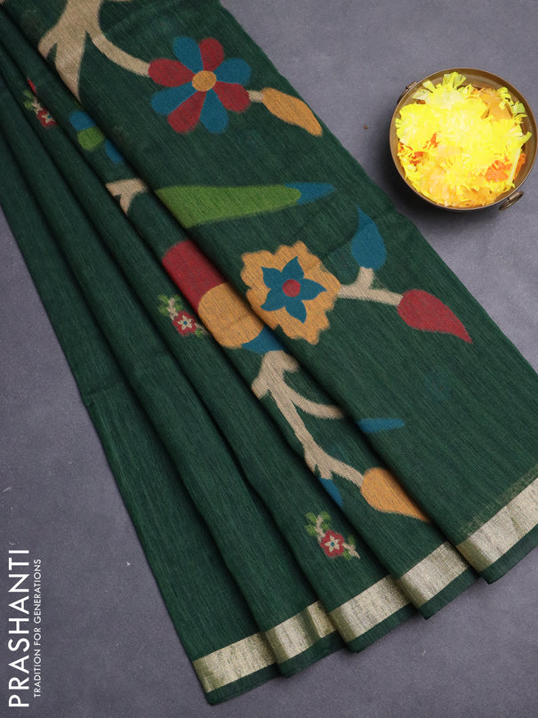 Jute saree dark green with floral thread woven buttas and jamdhani pallu