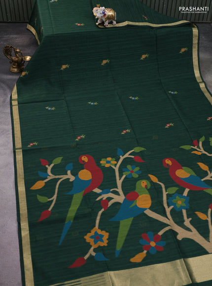 Jute saree dark green with floral thread woven buttas and jamdhani pallu