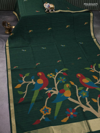 Jute saree dark green with floral thread woven buttas and jamdhani pallu