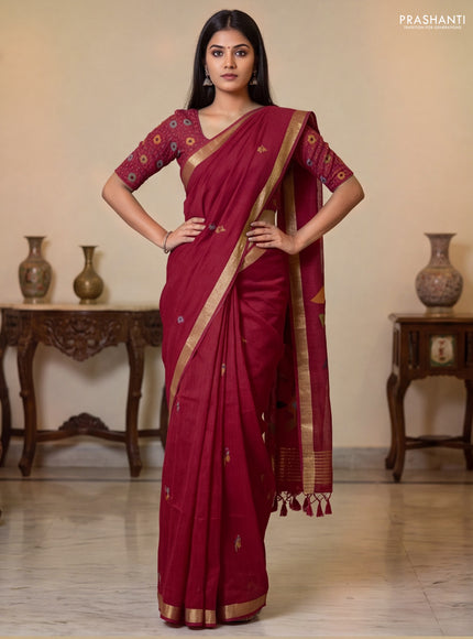 Jute saree red with floral thread woven buttas and jamdhani pallu