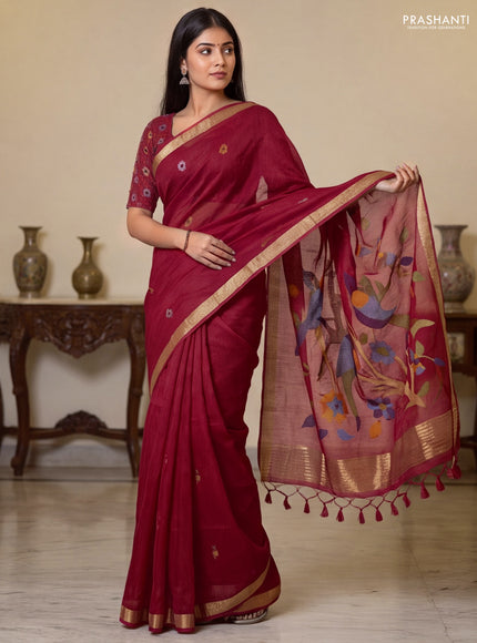Jute saree red with floral thread woven buttas and jamdhani pallu