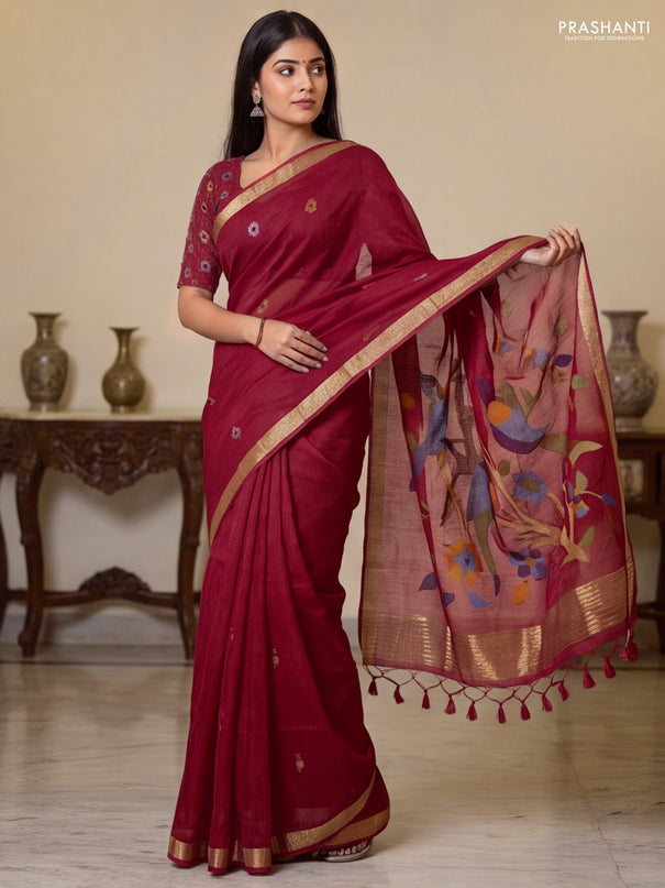 Jute saree red with floral thread woven buttas and jamdhani pallu