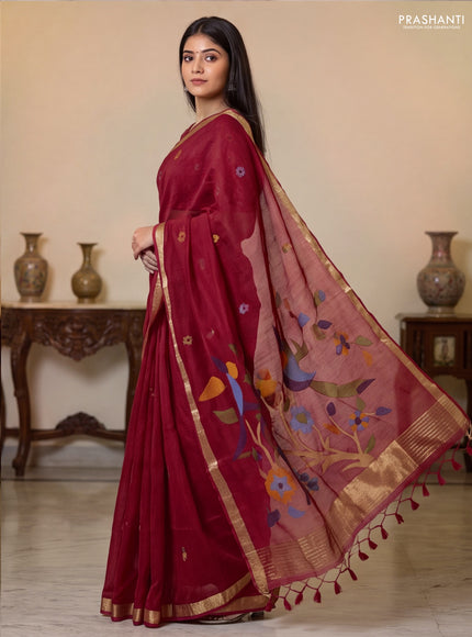 Jute saree red with floral thread woven buttas and jamdhani pallu