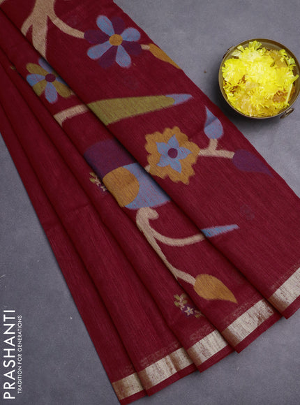 Jute saree red with floral thread woven buttas and jamdhani pallu