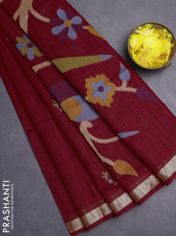 Jute saree red with floral thread woven buttas and jamdhani pallu