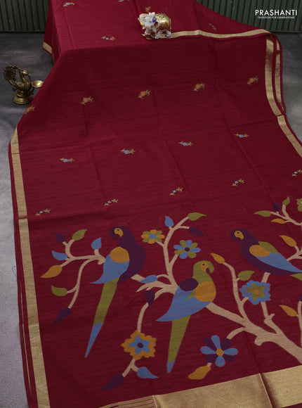 Jute saree red with floral thread woven buttas and jamdhani pallu