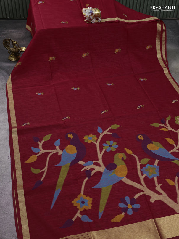 Jute saree red with floral thread woven buttas and jamdhani pallu