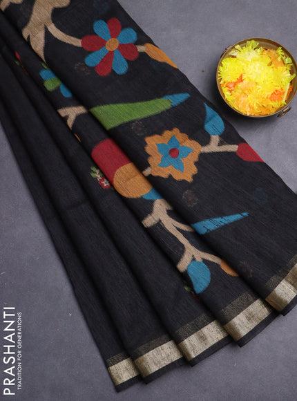 Jute saree black with floral thread woven buttas and jamdhani pallu