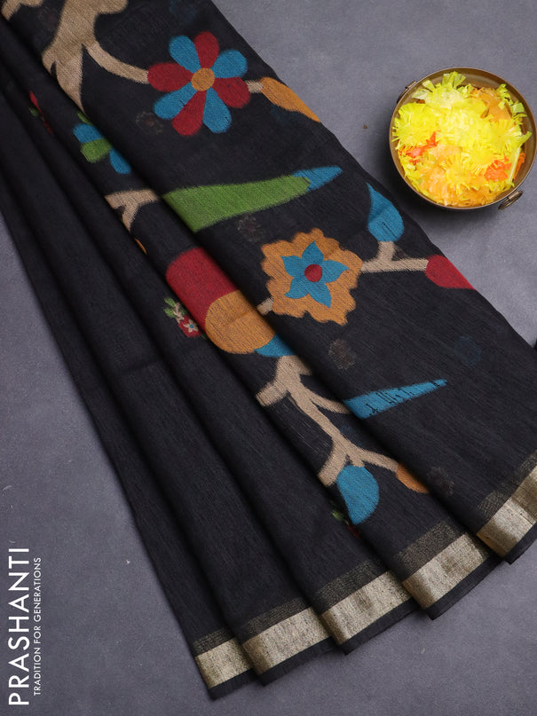 Jute saree black with floral thread woven buttas and jamdhani pallu