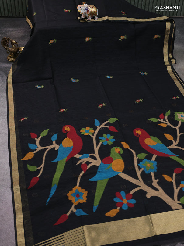 Jute saree black with floral thread woven buttas and jamdhani pallu