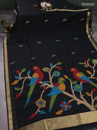 Jute saree black with floral thread woven buttas and jamdhani pallu