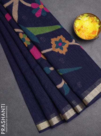 Jute saree navy blue with floral thread woven buttas and jamdhani pallu