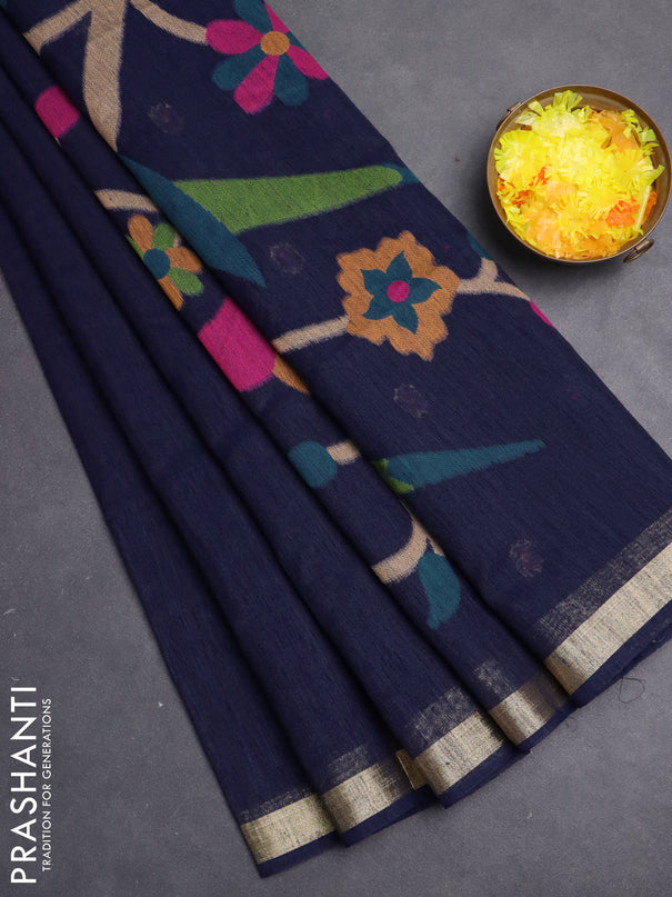 Jute saree navy blue with floral thread woven buttas and jamdhani pallu