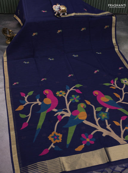 Jute saree navy blue with floral thread woven buttas and jamdhani pallu
