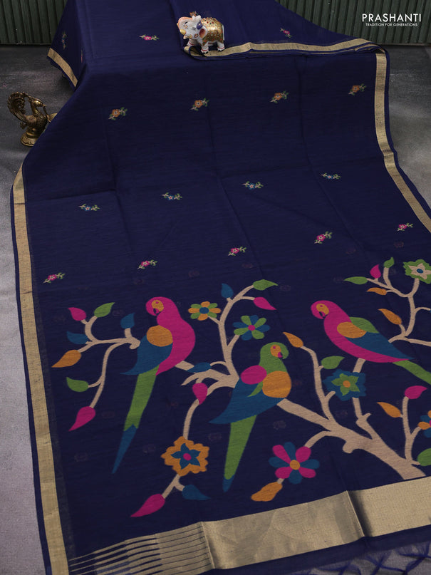 Jute saree navy blue with floral thread woven buttas and jamdhani pallu