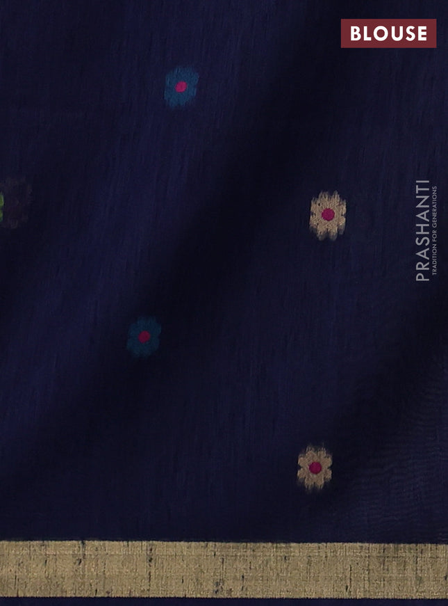 Jute saree navy blue with floral thread woven buttas and jamdhani pallu