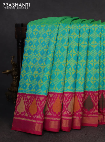 Rajkot patola silk saree dual shade of teal blue and pink with allover ikat weaves and ikat woven zari border