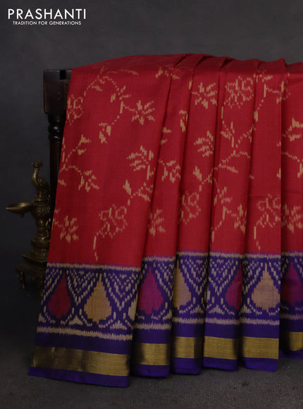 Rajkot patola silk saree maroon and blue with allover ikat weaves and ikat woven zari border