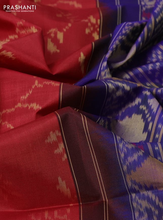 Rajkot patola silk saree maroon and blue with allover ikat weaves and ikat woven zari border