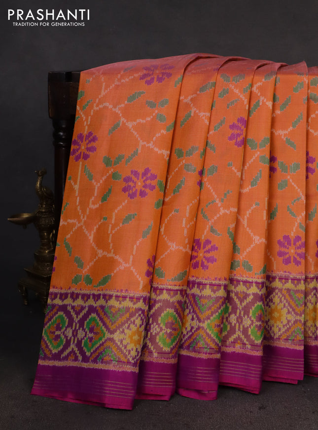 Rajkot patola silk saree orange and purple with allover ikat weaves and ikat woven zari border