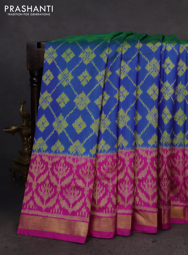 Rajkot patola silk saree dual shade of blue and pink with allover ikat weaves and zari woven border