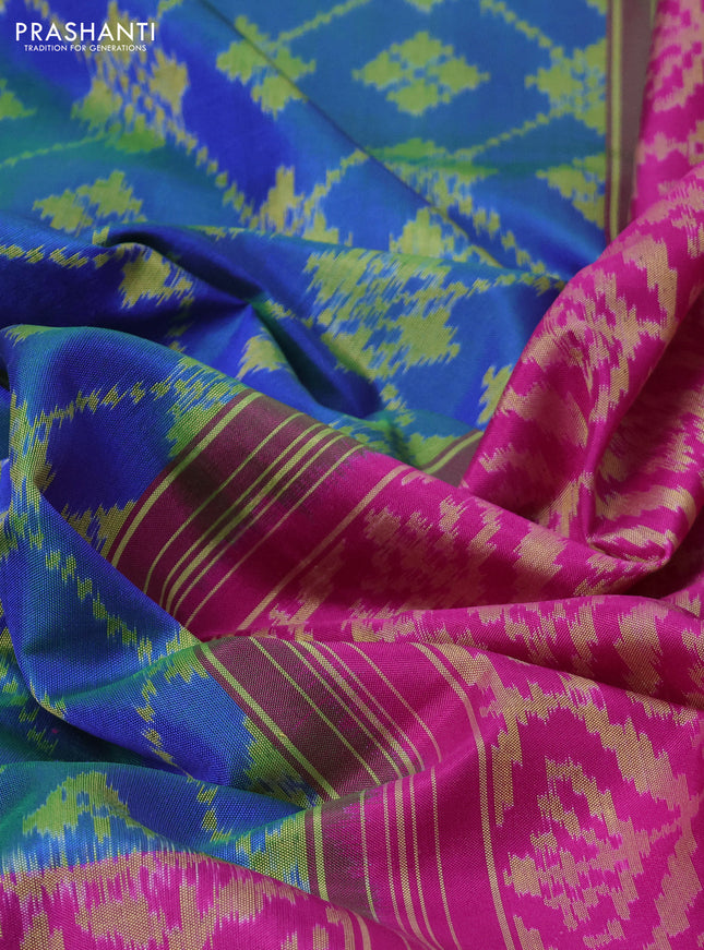 Rajkot patola silk saree dual shade of blue and pink with allover ikat weaves and zari woven border