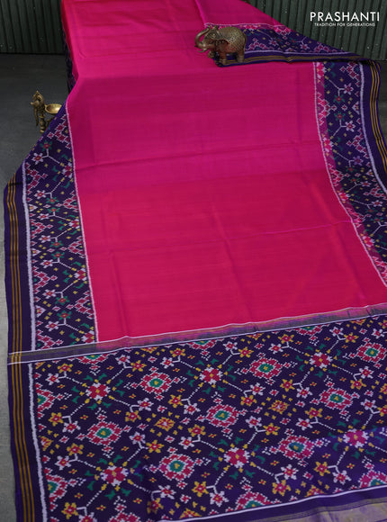 Rajkot patola silk saree pink and navy blue with plain body and long ikat woven border