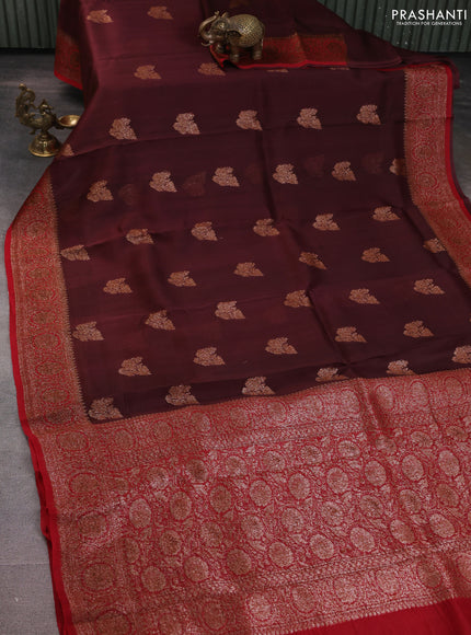 Banarasi organza silk saree deep maroon and red with woven buttas and woven border