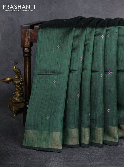 Pure dupion silk saree green with thread woven buttas and kalamkari printed pallu & blouse