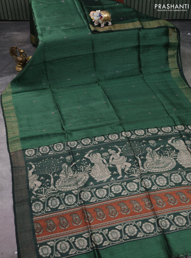 Pure dupion silk saree green with thread woven buttas and kalamkari printed pallu & blouse
