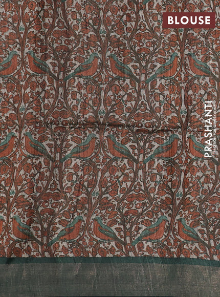 Pure dupion silk saree green with thread woven buttas and kalamkari printed pallu & blouse