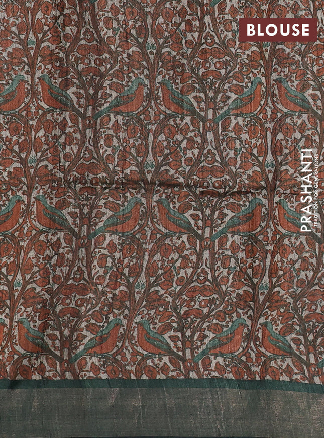 Pure dupion silk saree green with thread woven buttas and kalamkari printed pallu & blouse