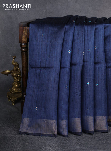 Pure dupion silk saree peacock blue and cs blue with thread woven buttas and kalamkari printed pallu & blouse