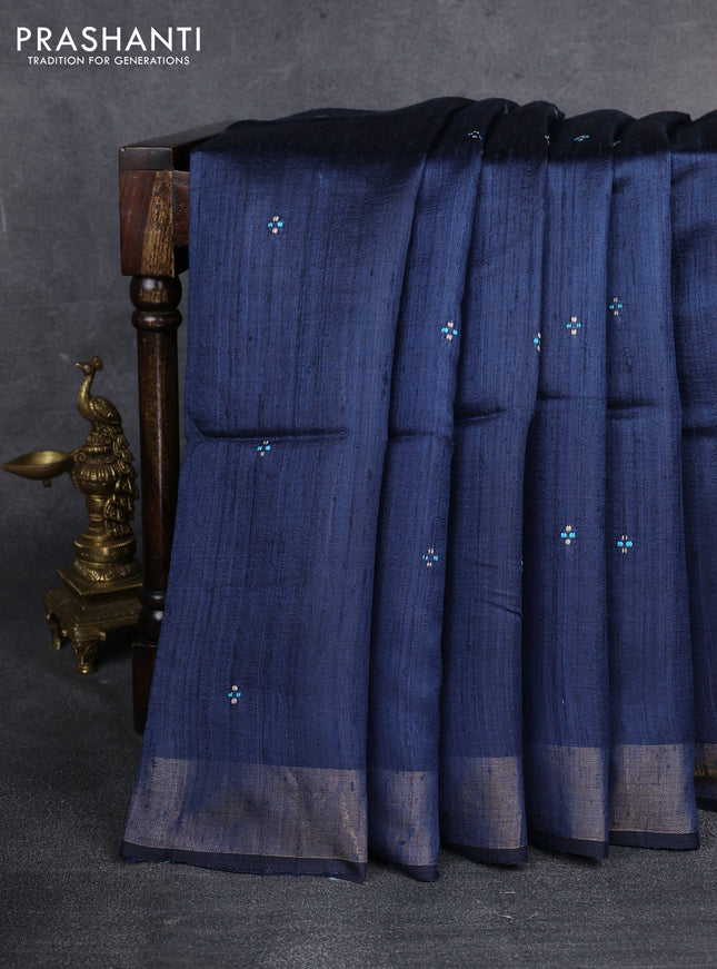 Pure dupion silk saree peacock blue and cs blue with thread woven buttas and kalamkari printed pallu & blouse