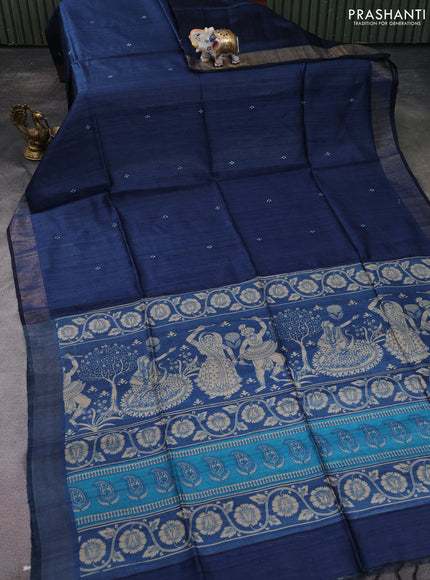 Pure dupion silk saree peacock blue and cs blue with thread woven buttas and kalamkari printed pallu & blouse