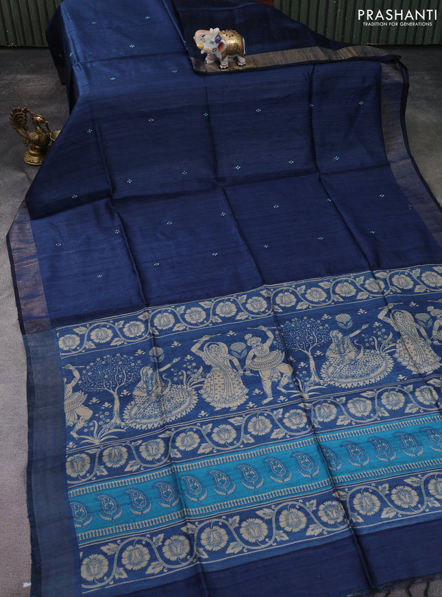 Pure dupion silk saree peacock blue and cs blue with thread woven buttas and kalamkari printed pallu & blouse