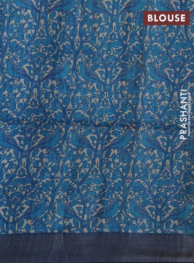 Pure dupion silk saree peacock blue and cs blue with thread woven buttas and kalamkari printed pallu & blouse