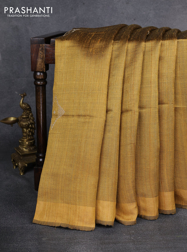 Pure dupion silk saree mustard yellow and beige with plain body and madhubani printed pallu & blouse