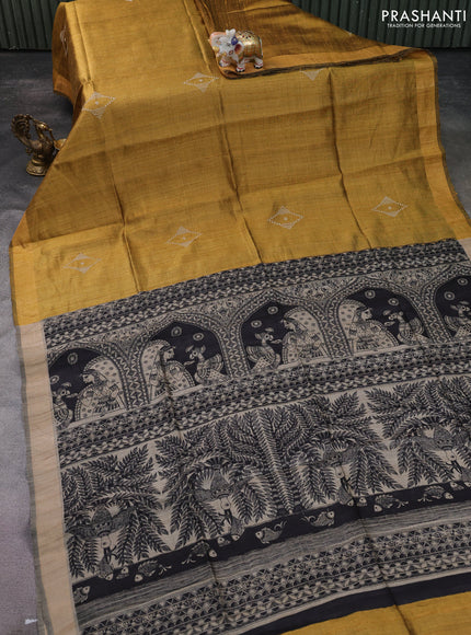 Pure dupion silk saree mustard yellow and beige with plain body and madhubani printed pallu & blouse