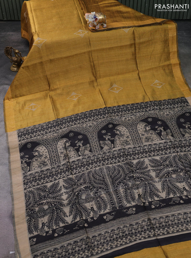 Pure dupion silk saree mustard yellow and beige with plain body and madhubani printed pallu & blouse