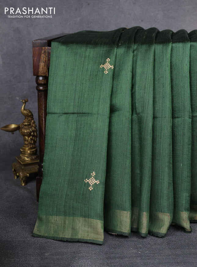 Pure dupion silk saree green and beige with plain body and madhubani printed pallu & blouse
