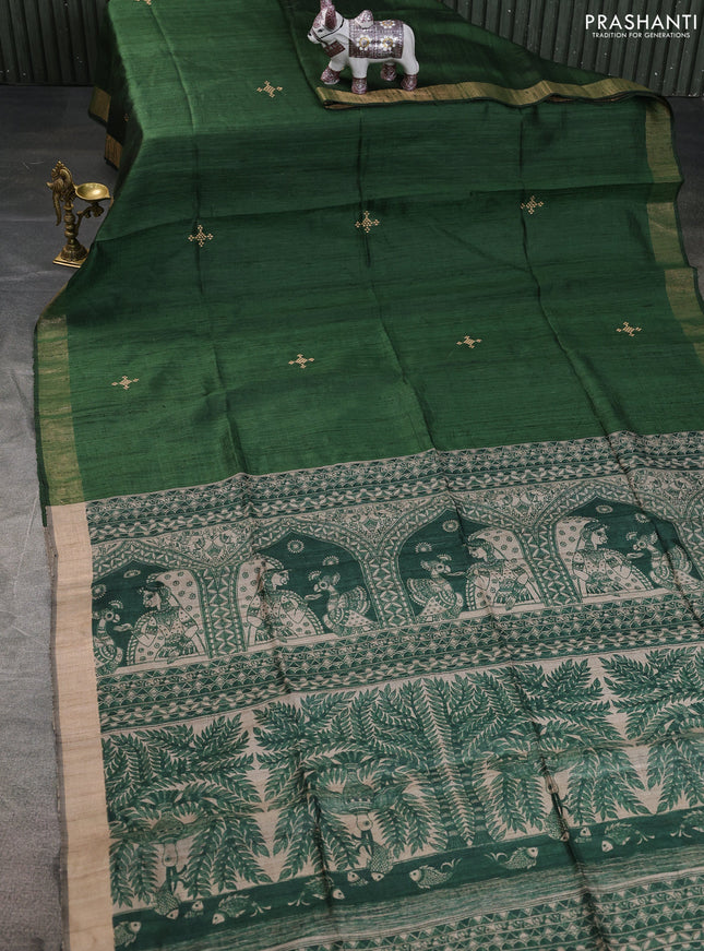 Pure dupion silk saree green and beige with plain body and madhubani printed pallu & blouse