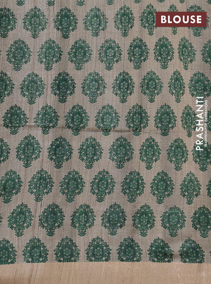 Pure dupion silk saree green and beige with plain body and madhubani printed pallu & blouse