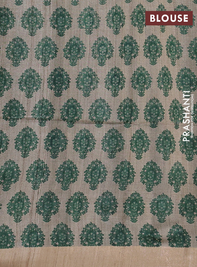 Pure dupion silk saree green and beige with plain body and madhubani printed pallu & blouse