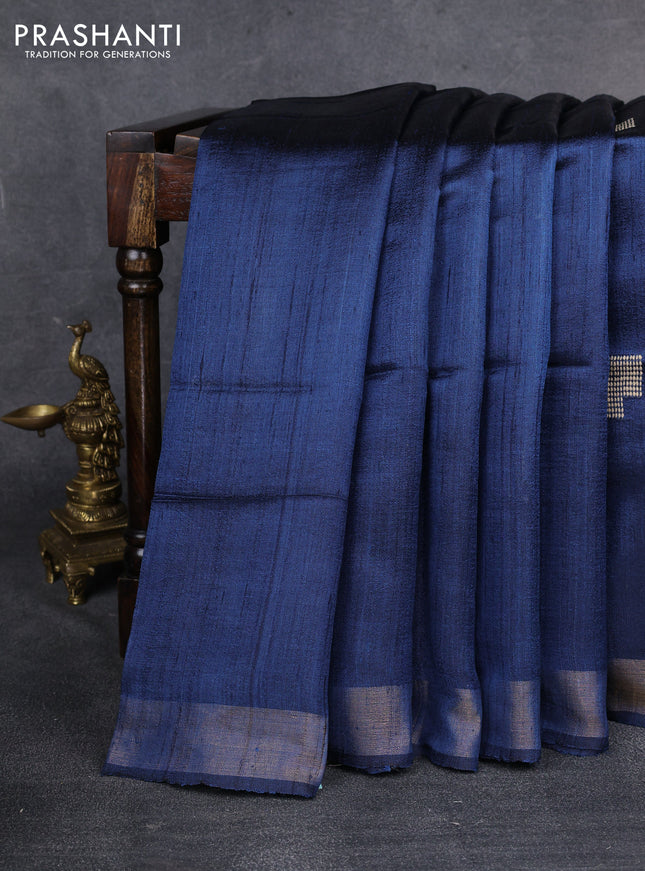 Pure dupion silk saree peacock blue and beige with plain body and madhubani printed pallu & blouse